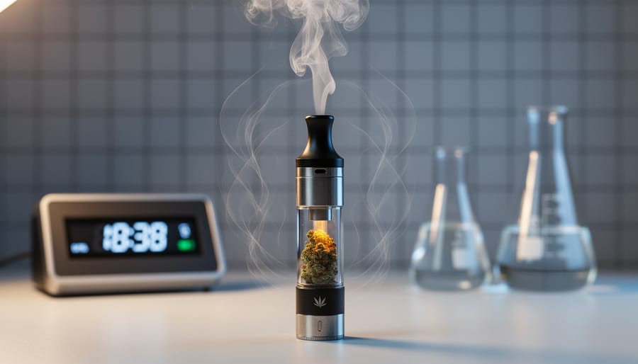 Close-up of a vaping device with visible vapor haze rising from the heating area in a clean studio setting.