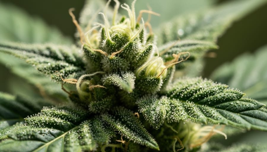 Macro close-up of a fresh cannabis bud fragment with visible trichomes and a small vial of resin on a dark surface.