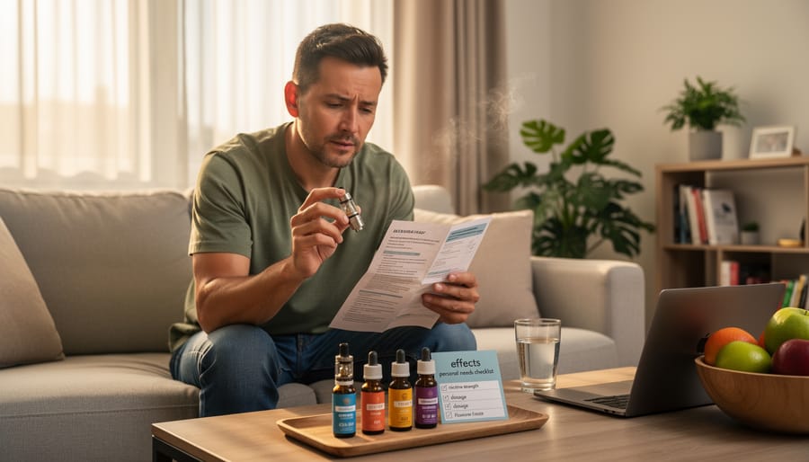 Person seated at home exhaling gently while holding a vape pen, with softly blurred houseplants and bookshelf in the background.