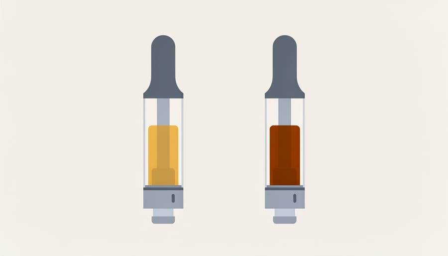 Two vape cartridges with different amber oil colors on a countertop photographed straight-on with soft background blur.